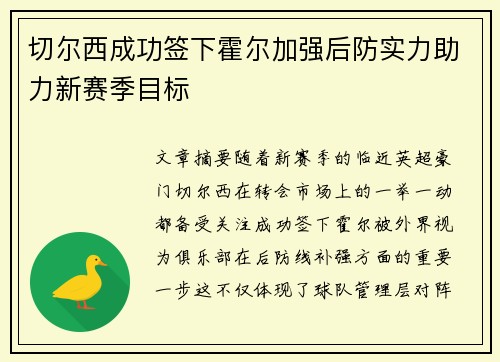 切尔西成功签下霍尔加强后防实力助力新赛季目标